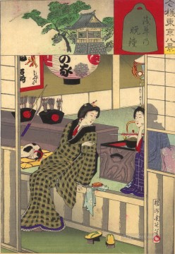 Two geishas relaxing after having entertained Toyohara Chikanobu Oil Paintings